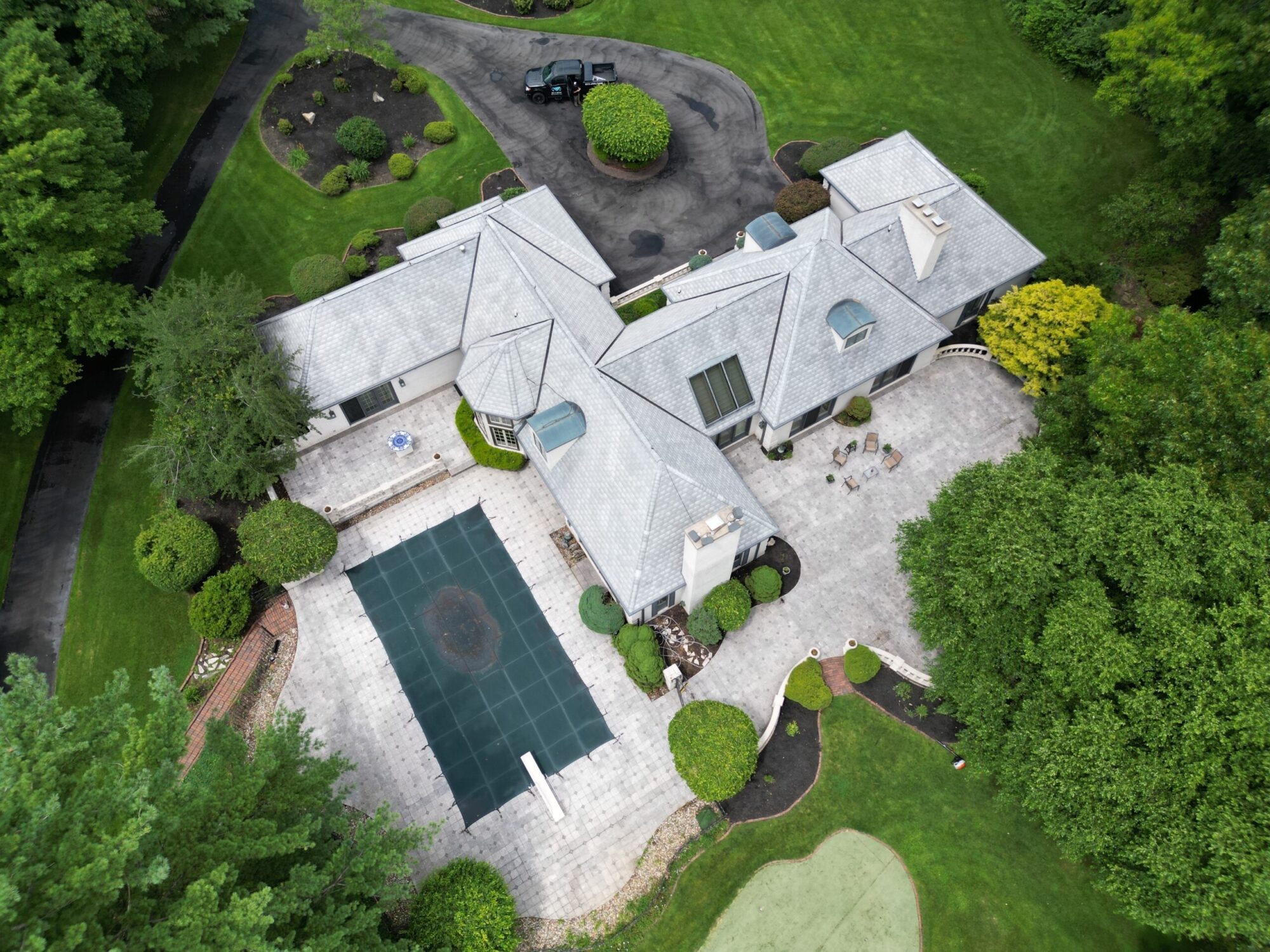 aerial premium shingle roof on beautiful home LaGrange Roofing